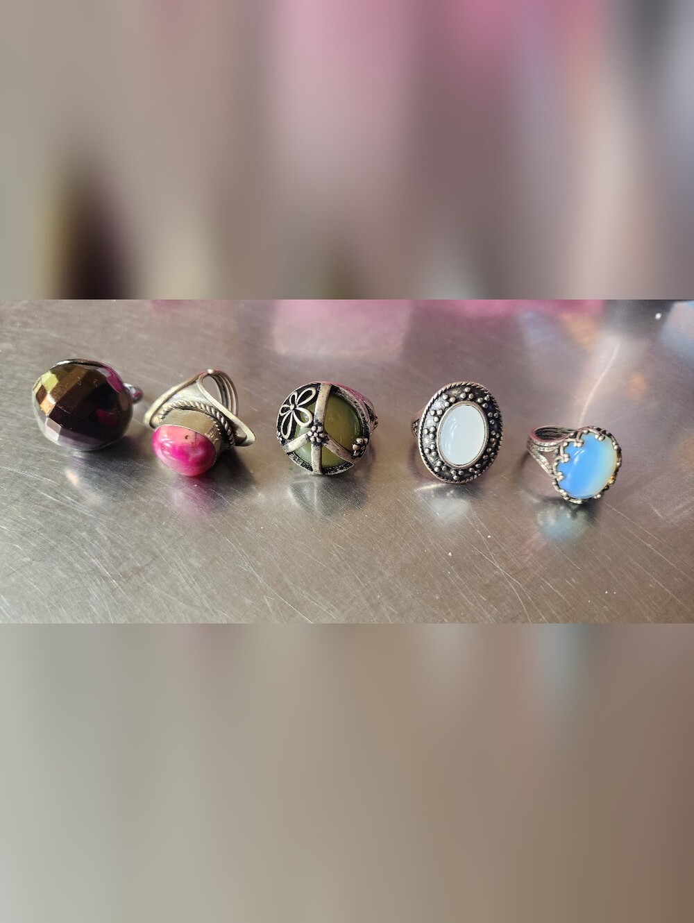 Pink and Opalescent Stone Sterling Rings - Women's Fashion Jewelry. All 5 Rings - Picture 2 of 2